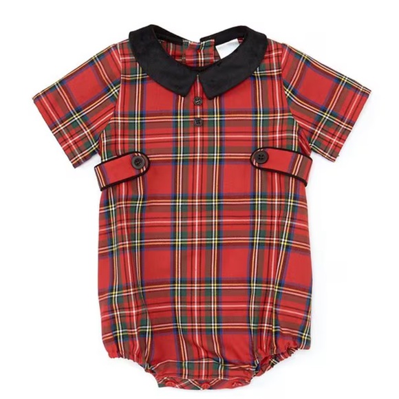 Edgehill Collection Baby Boys Short Sleeve Velvet Collar Plaid Bubble - Picture 1 of 10